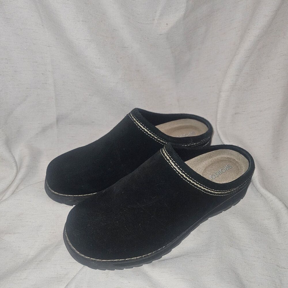 Sporto Women's Black Suede Slip On Mule Clogs Size 7M Nordic Leather Casual 1816